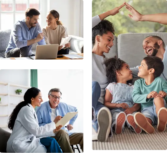 A collage showing: a couple reviewing documents with a laptop, a family of four smiling and high-fiving, and a doctor talking with an older male patient, all in bright, cheerful settings.