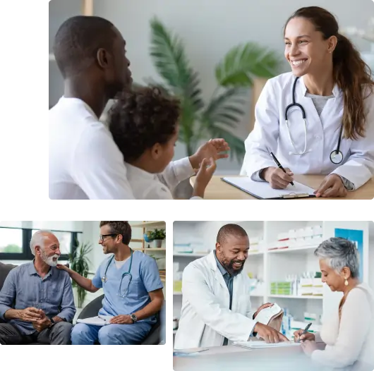 A collage shows doctors interacting warmly with patients: a female doctor smiles at a father and child, a nurse supports an elderly man, and two doctors consult with patients at a desk.